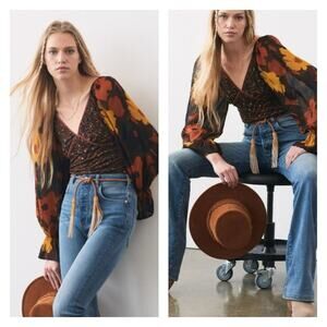 Anthropologie Conditions Apply Abstract Long Puff Sleeve Top XS